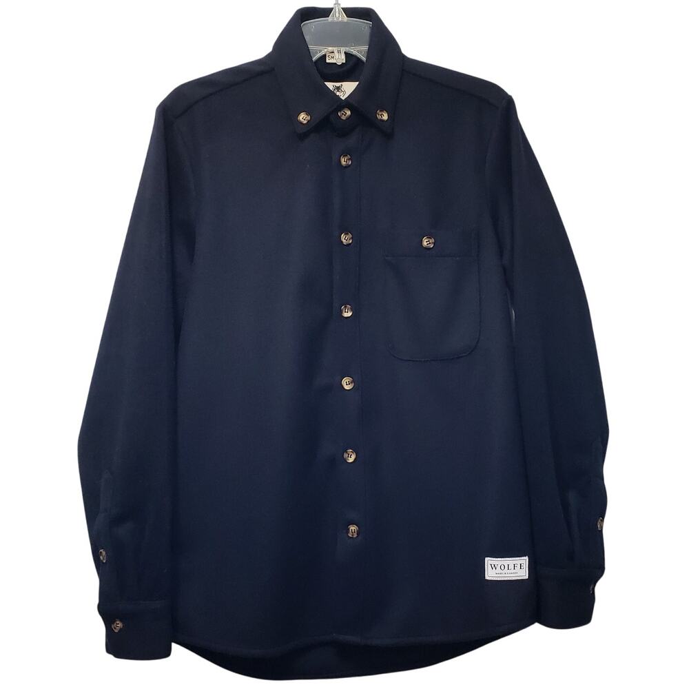 WOLFE Co. Apparel and Goods Navy Wool Button Down Shirt Canada Men's Size Small